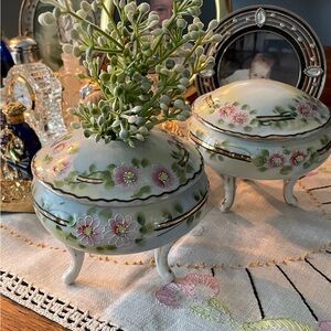 Elegant Victorian Handpainted Porcelain China Matching Jar and Hair Receiver Set